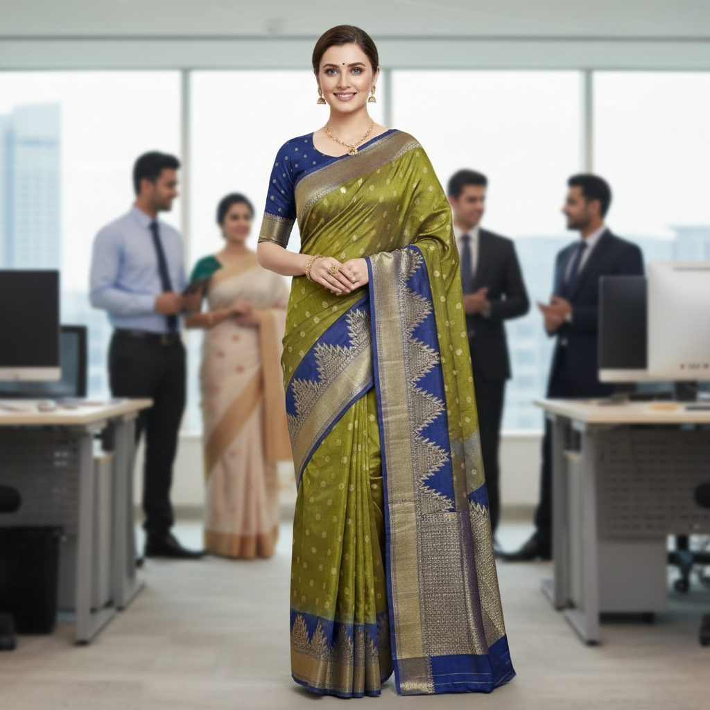 TUSSAR (TSM TussarSILK001) - Green & Navy Blue