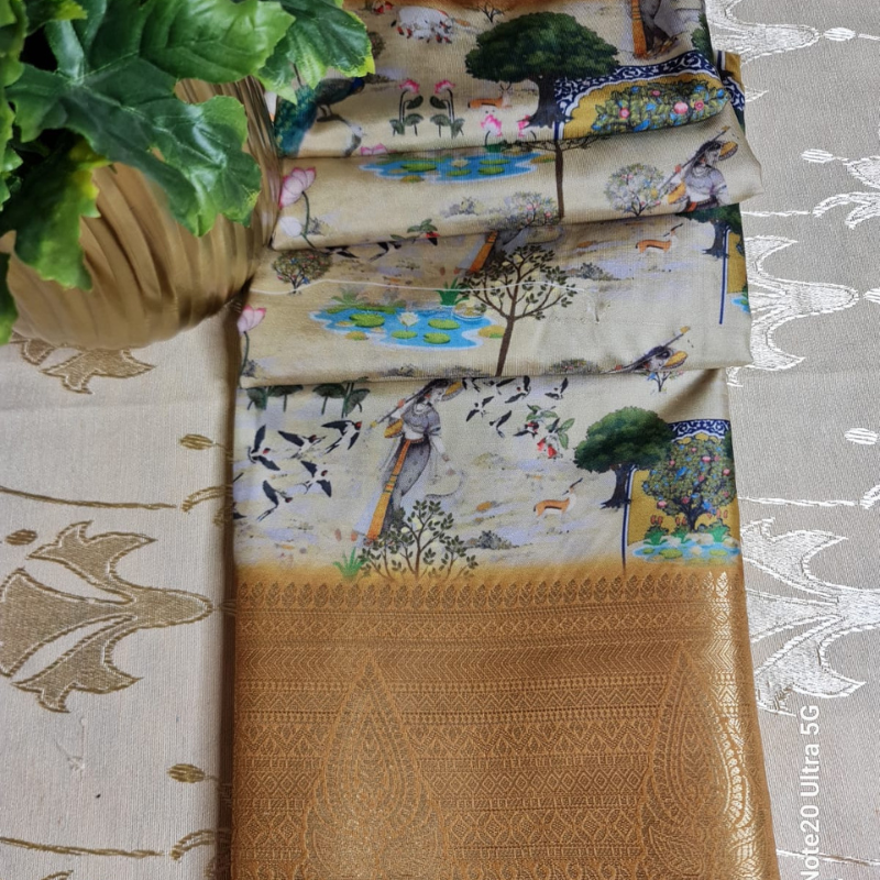 Kalamkari Off White saree with natural shine & sheen, zari border-Elegant & Lightweight 