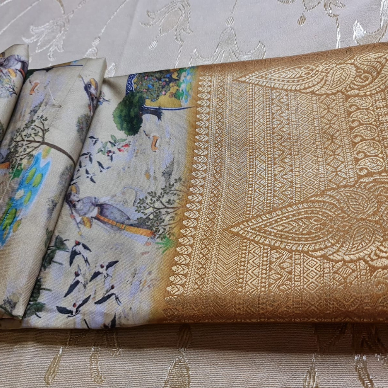 Kalamkari Off White saree with natural shine & sheen, zari border-Elegant & Lightweight 