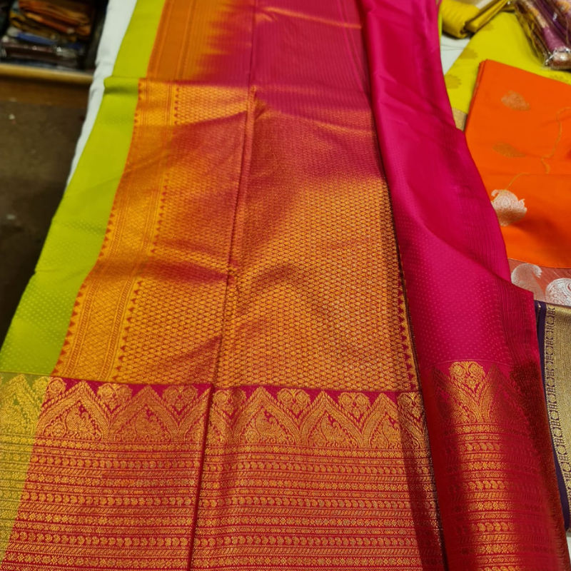 Kanchi Semi Silk saree with intricate gold zari detailing-green & magenta