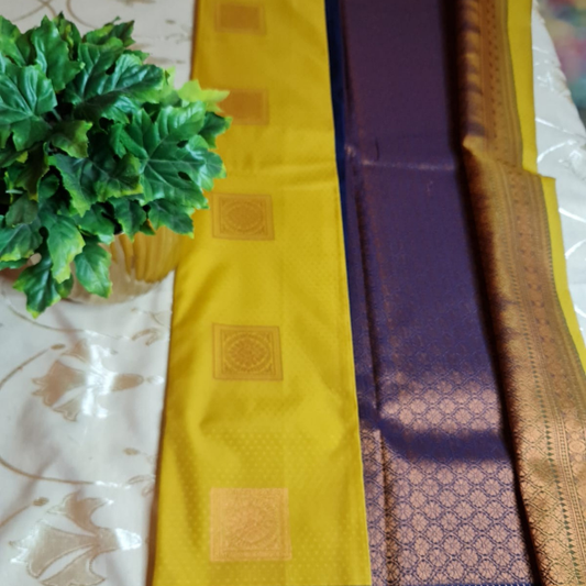 Kanchi Semi Silk saree with intricate gold zari detailing-Lime Green & Navy Blue