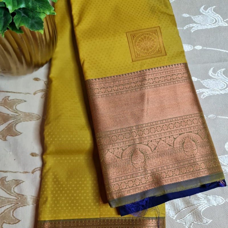 Kanchi Semi Silk saree with intricate gold zari detailing-Lime Green & Navy Blue 