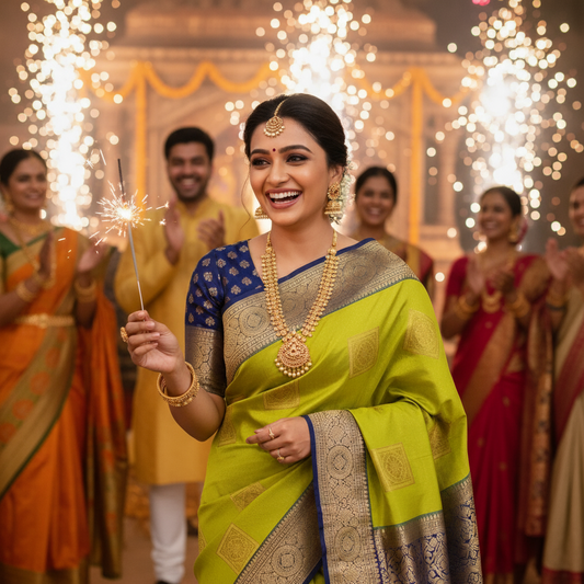 KANCHI SEMI SILK (TSM KSS004) - Lime Green Navy Blue