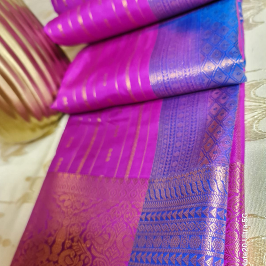 Kanchi Semi Silk saree with intricate gold zari detailing- Magenta & Royal Blue
