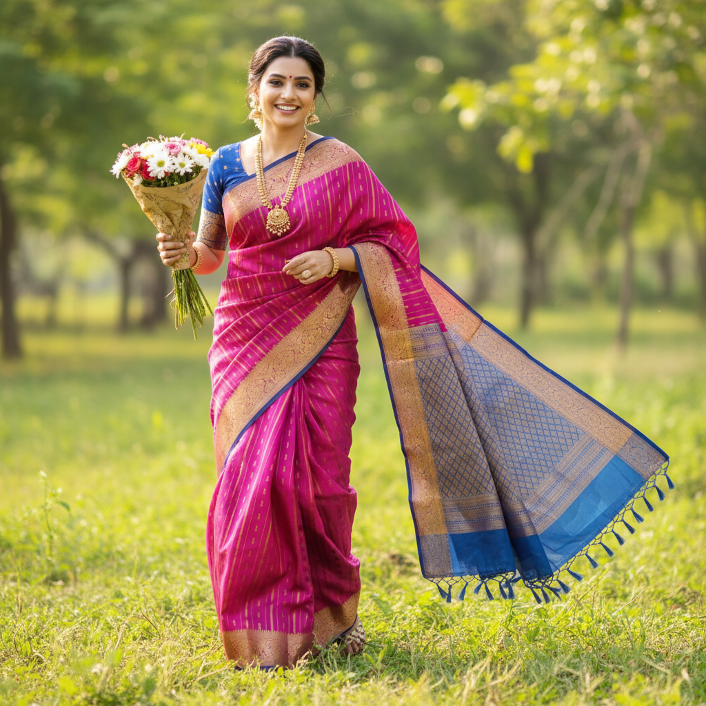 KANCHI SEMI SILK (TSM KSS005) - Magenta Royal Blue