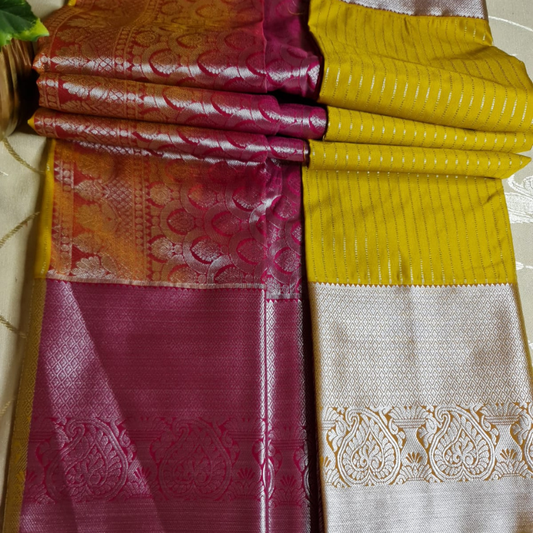 Kanchi Semi Silk saree with intricate gold zari detailing-Yellow Red Magenta 