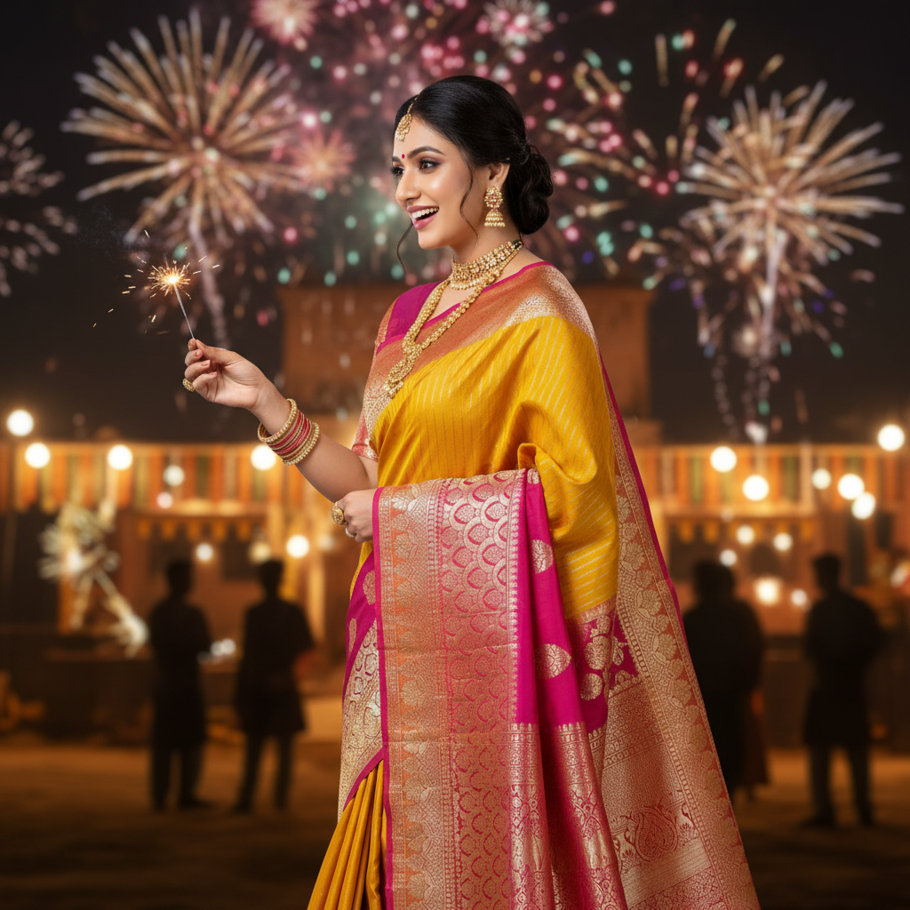 KANCHI SEMI SILK (TSM KSS003) - Yellow-Red-Magenta