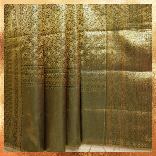 Bridal Kanjivaram Saree in Mehndi Green Color Body with Golden Zari Border 