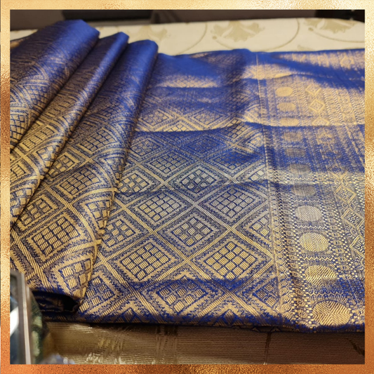 Bridal Kanjivaram Saree in Royal Blue Color Body with Golden Zari Body & Border 