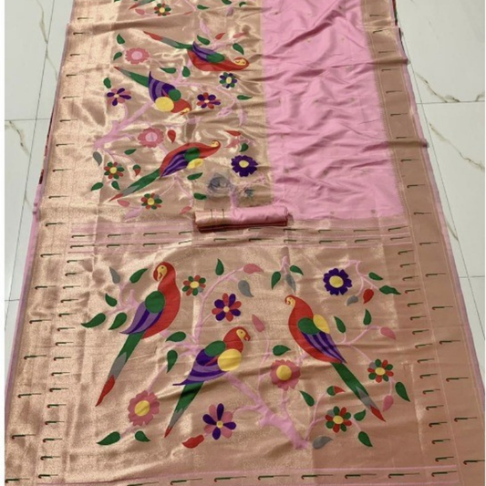 Light Pink Paithani saree with traditional peacock & lotus motifs in gold zari border with tassels