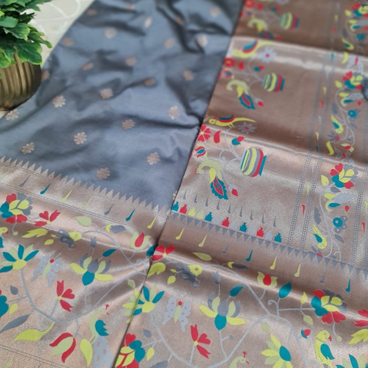 Mauve Grey Paithani saree with traditional peacock & lotus motifs in gold zari border with tassels