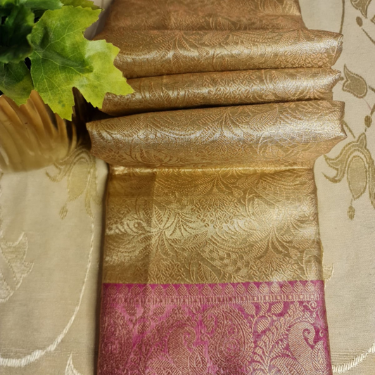 Intricately woven Gold Organza Saree with Magenta Brocade Border – Elegant Drape