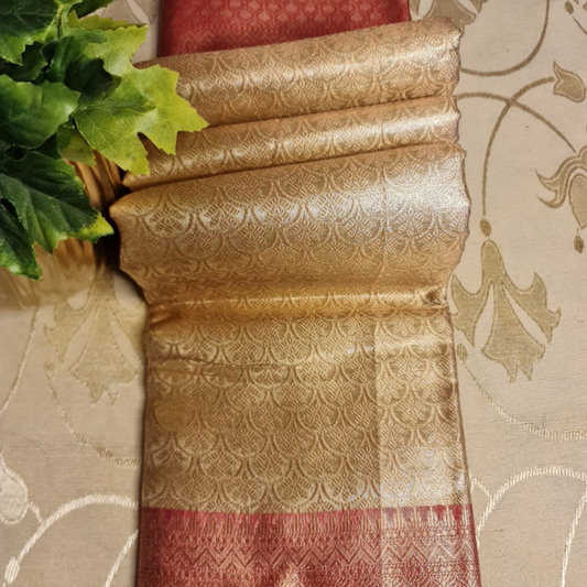 Intricately woven Gold Organza Saree with Red Brocade Border – Elegant Drape