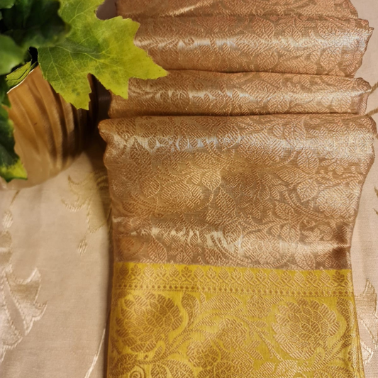 Intricately woven Gold Organza Saree with Yellow Brocade Border – Elegant Drape