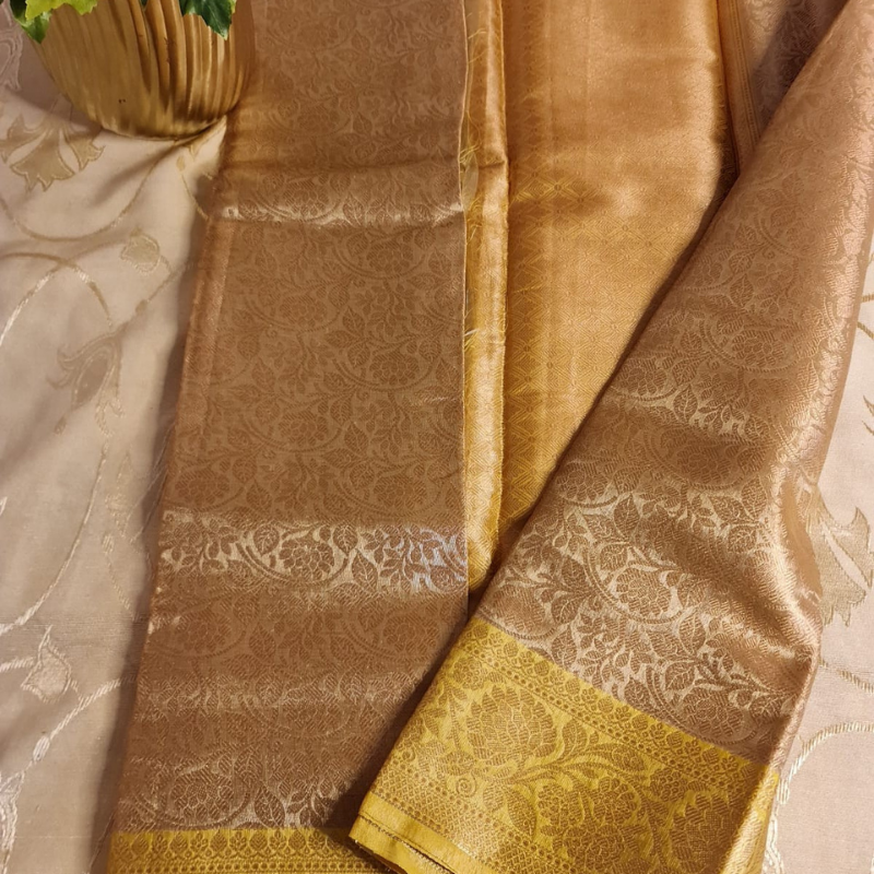 Intricately woven Gold Organza Saree with Yellow Brocade Border – Elegant Drape