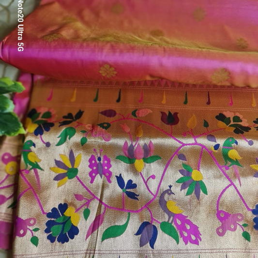 Peach Dual Tone Paithani saree with traditional peacock & lotus motifs in gold zari border with tassels