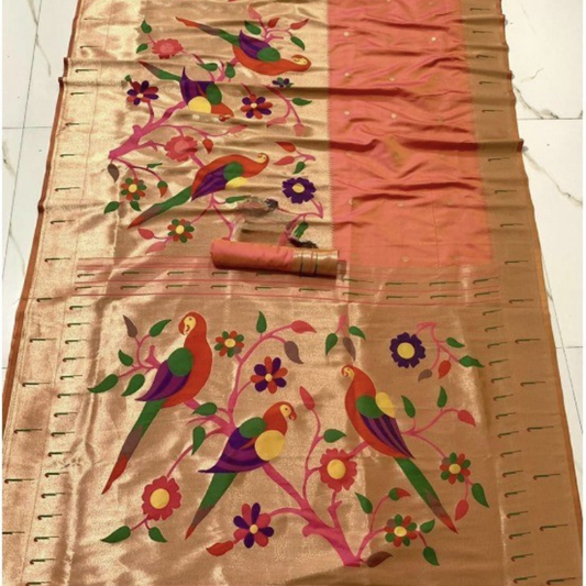 Peach Paithani saree with traditional peacock & lotus motifs in gold zari border with tassels 
