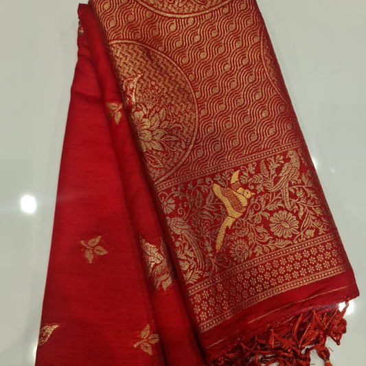 Red Benarasi saree with intricate gold zari detailing with tassels 