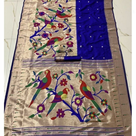 Royal Blue Paithani saree with traditional peacock & lotus motifs in gold zari border with tassels