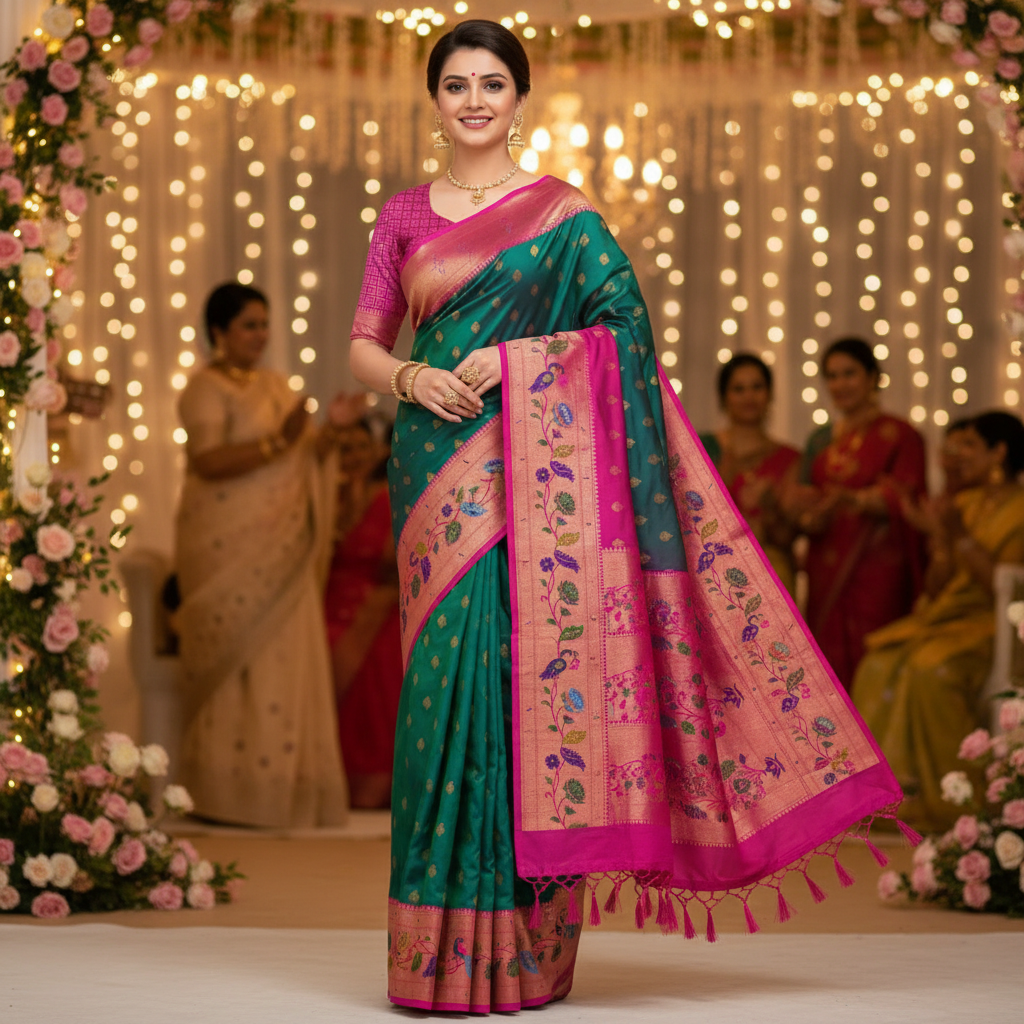 PAITHANI SILK (TSM PT001) - Peacock Green Magenta Border
