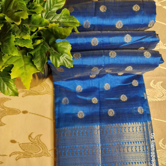 Blue Tussar silk saree with natural shine & sheen, zari border-Elegant & Lightweight