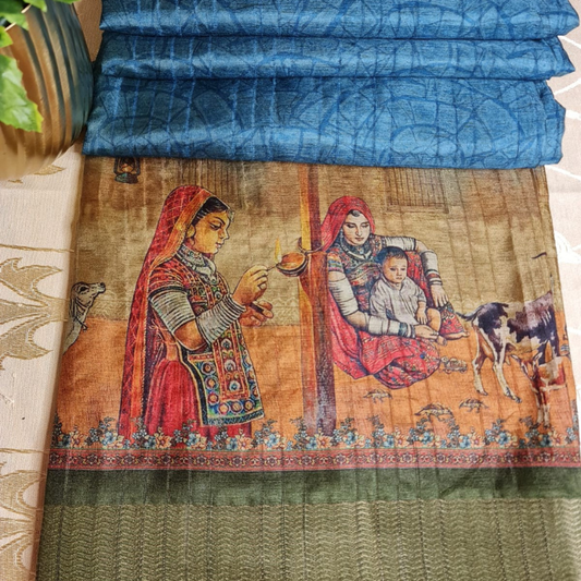 Tussar Kalamkari Blue saree with natural shine & sheen, zari border-Elegant & Lightweight