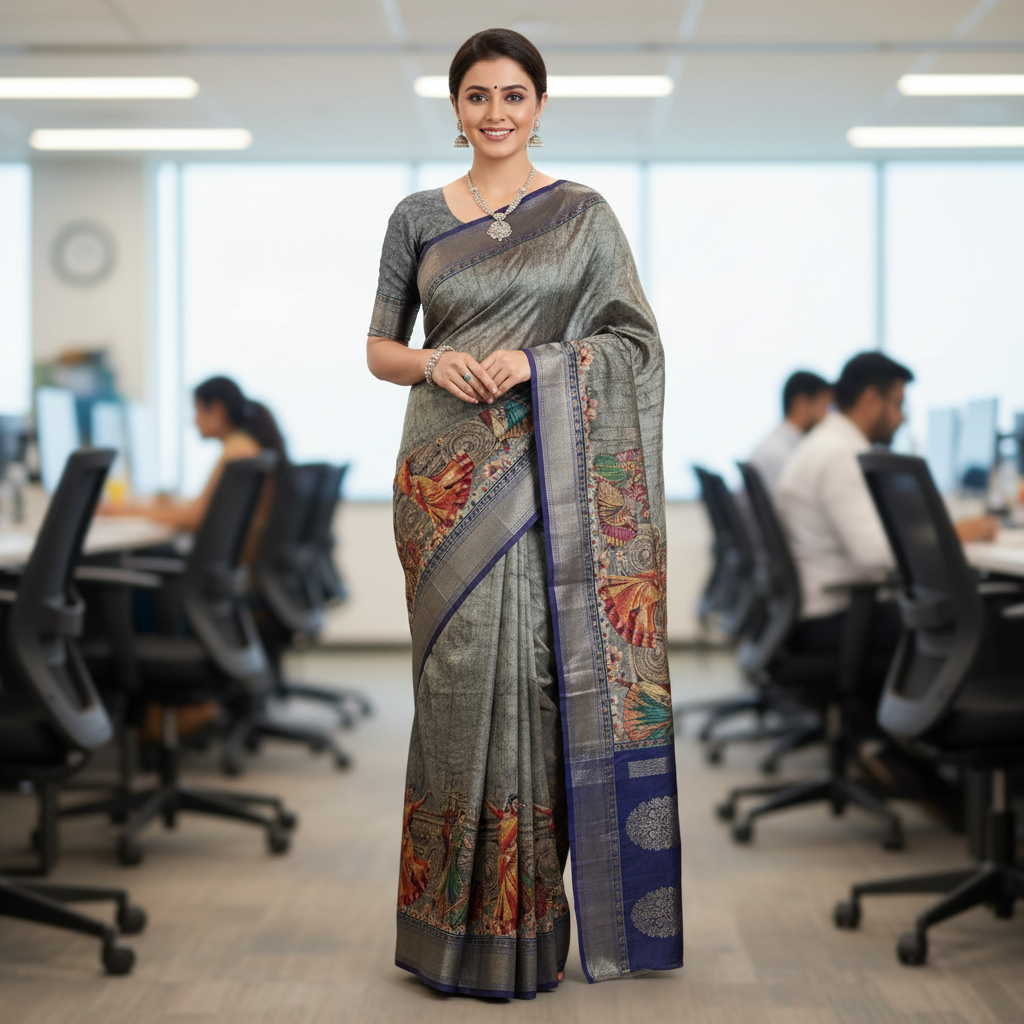 TUSSAR KALAMKARI (TSM Kalamkari004) - Blue Grey