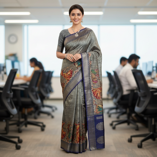 TUSSAR KALAMKARI (TSM Kalamkari004) - Blue Grey