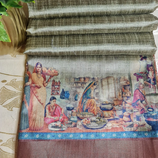 Tussar Kalamkari Green saree with natural shine & sheen, zari border-Elegant & Lightweight 