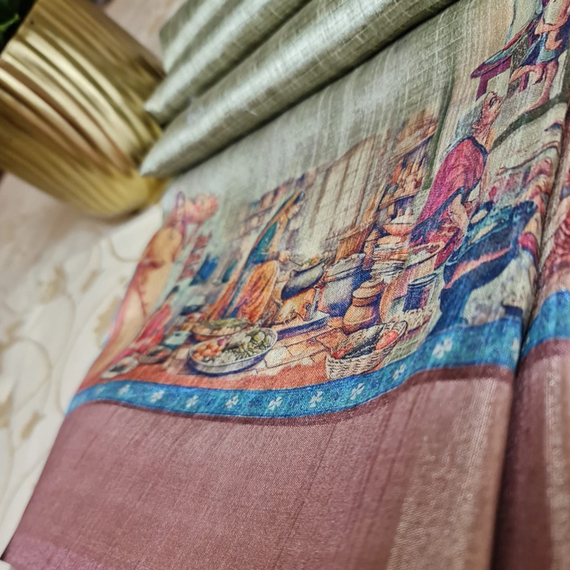 Tussar Kalamkari Green saree with natural shine & sheen, zari border-Elegant & Lightweight 