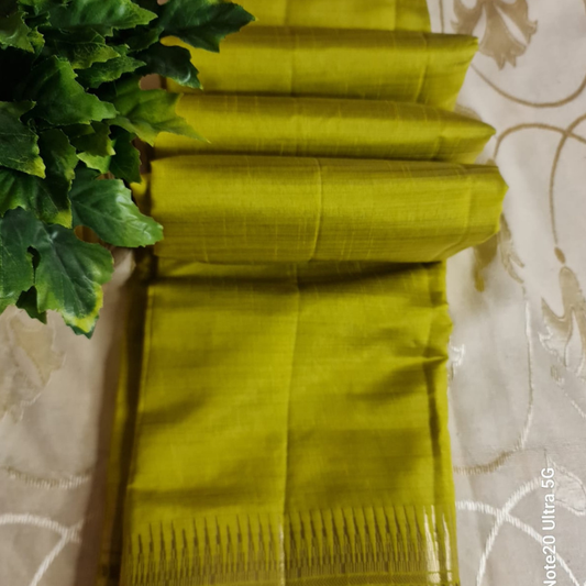 Lime Green Tussar silk saree with natural shine & sheen, zari border-Elegant & Lightweight