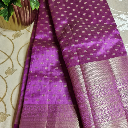 Magenta Small Butta Tussar silk saree with natural shine & sheen, zari border-Elegant & Lightweight