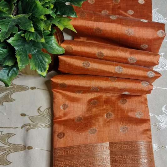Orange Tussar silk saree with natural shine & sheen, zari border-Elegant & Lightweight